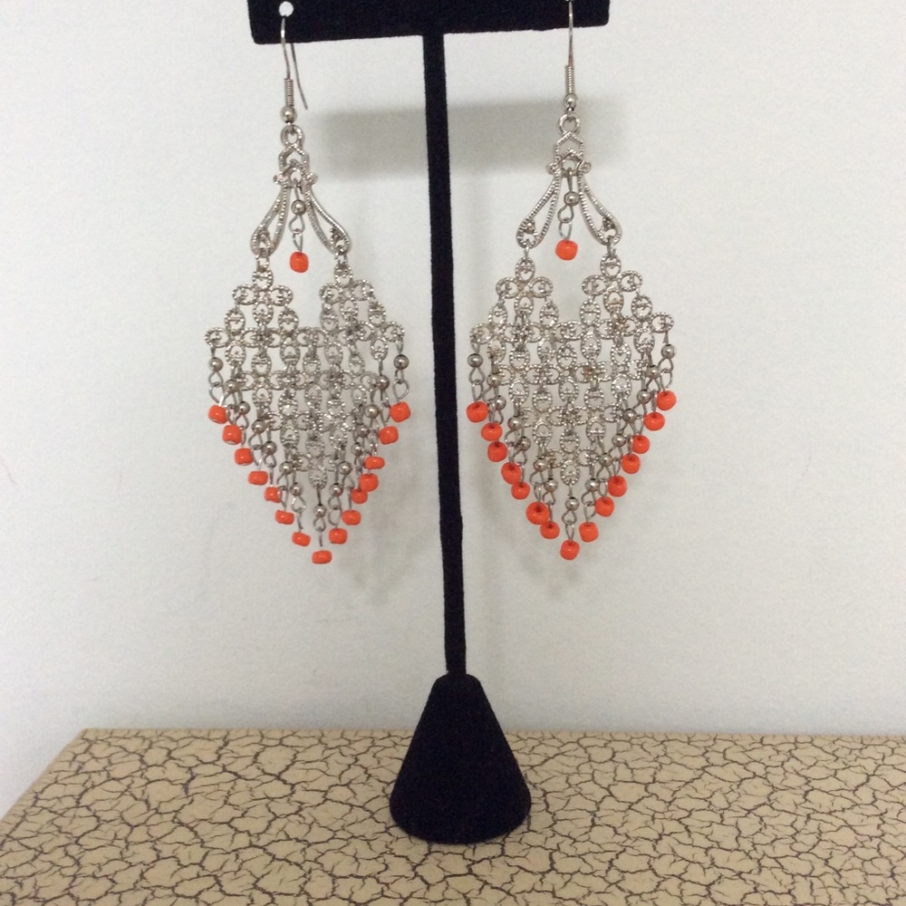 Chandelier Silver Tone Earrings w/Orange Beads.